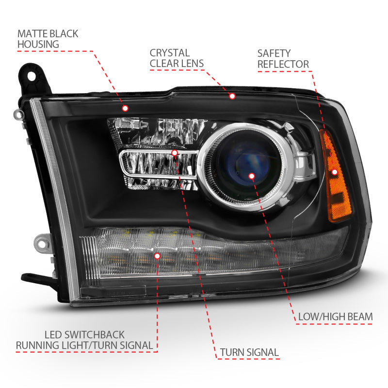 ANZO 2009-2018 Dodge Ram 1500 Projector Headlights Plank Style Halo w/Switchback Matte Black 111489