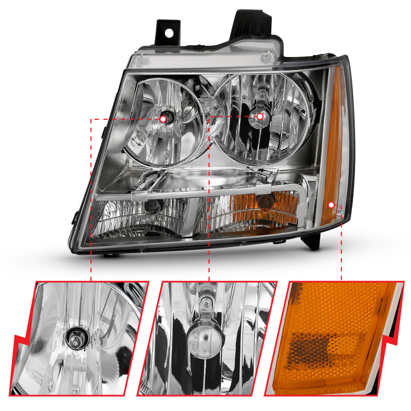 ANZO 2007-2014 Chevy TahOE Crystal Headlight Chrome Amber(OE) 111475