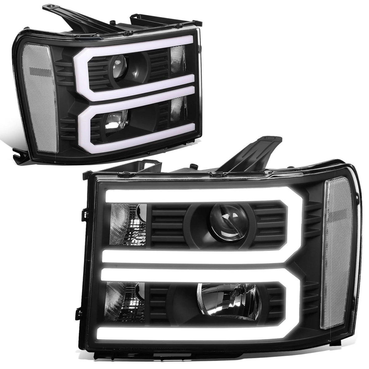 2007-2014 GMC Sierra Dual U-Bar LED DRL Headlights Black Housing