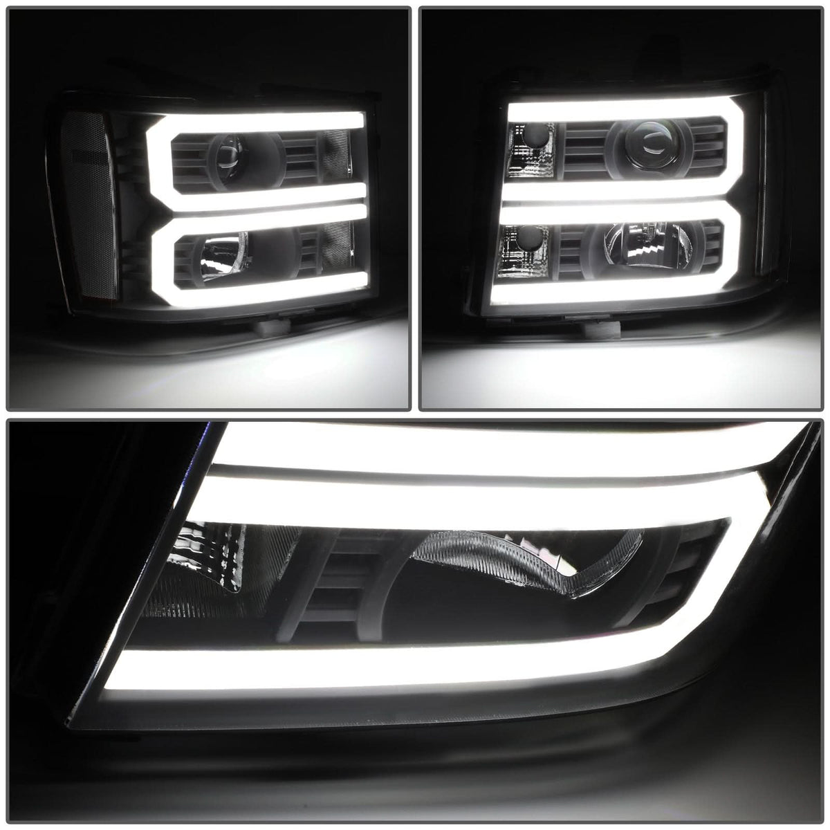 2007-2014 GMC Sierra Dual U-Bar LED DRL Headlights Black Housing