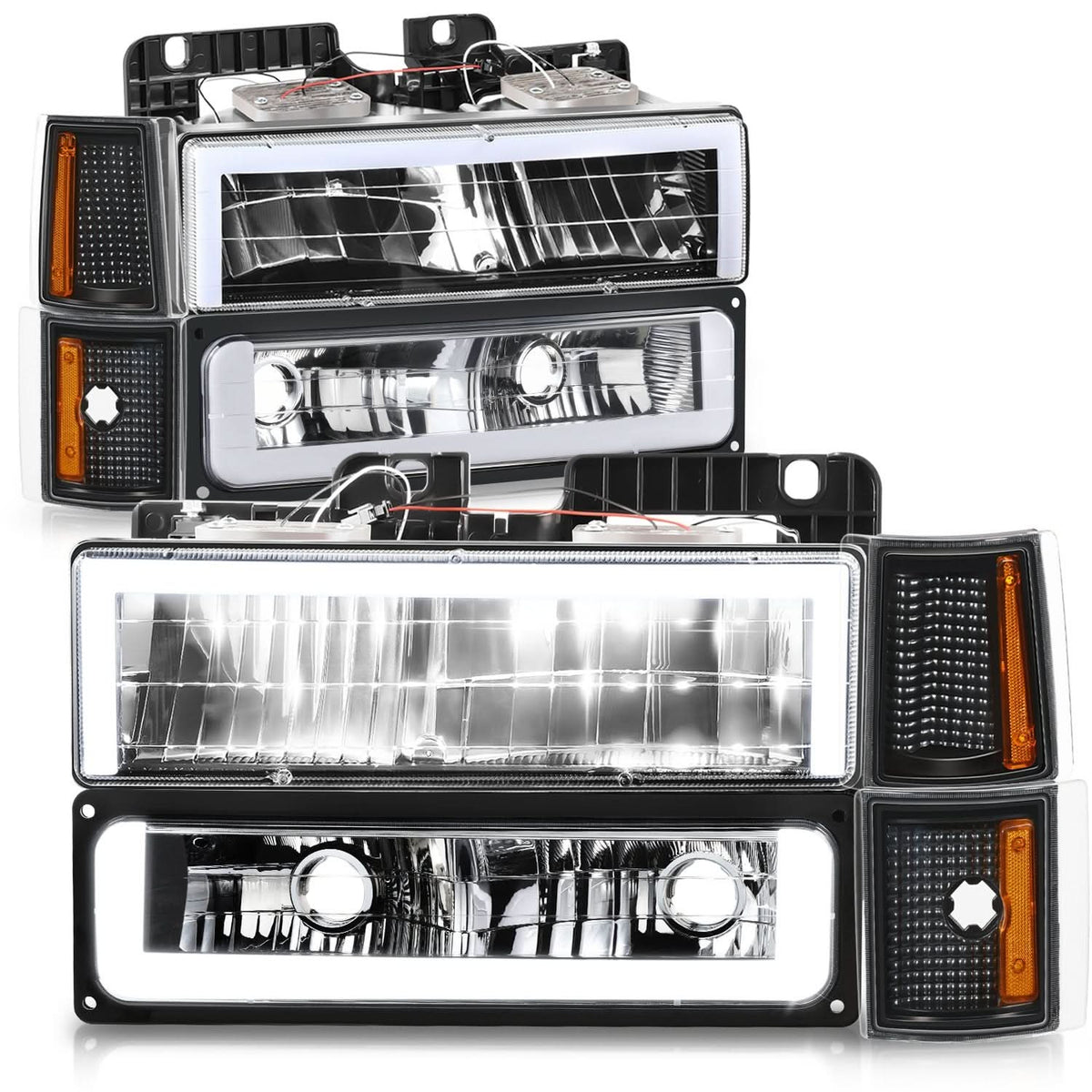 Clear Lens Amber Reflector Black Housing LED Bar Headlights 8PCS