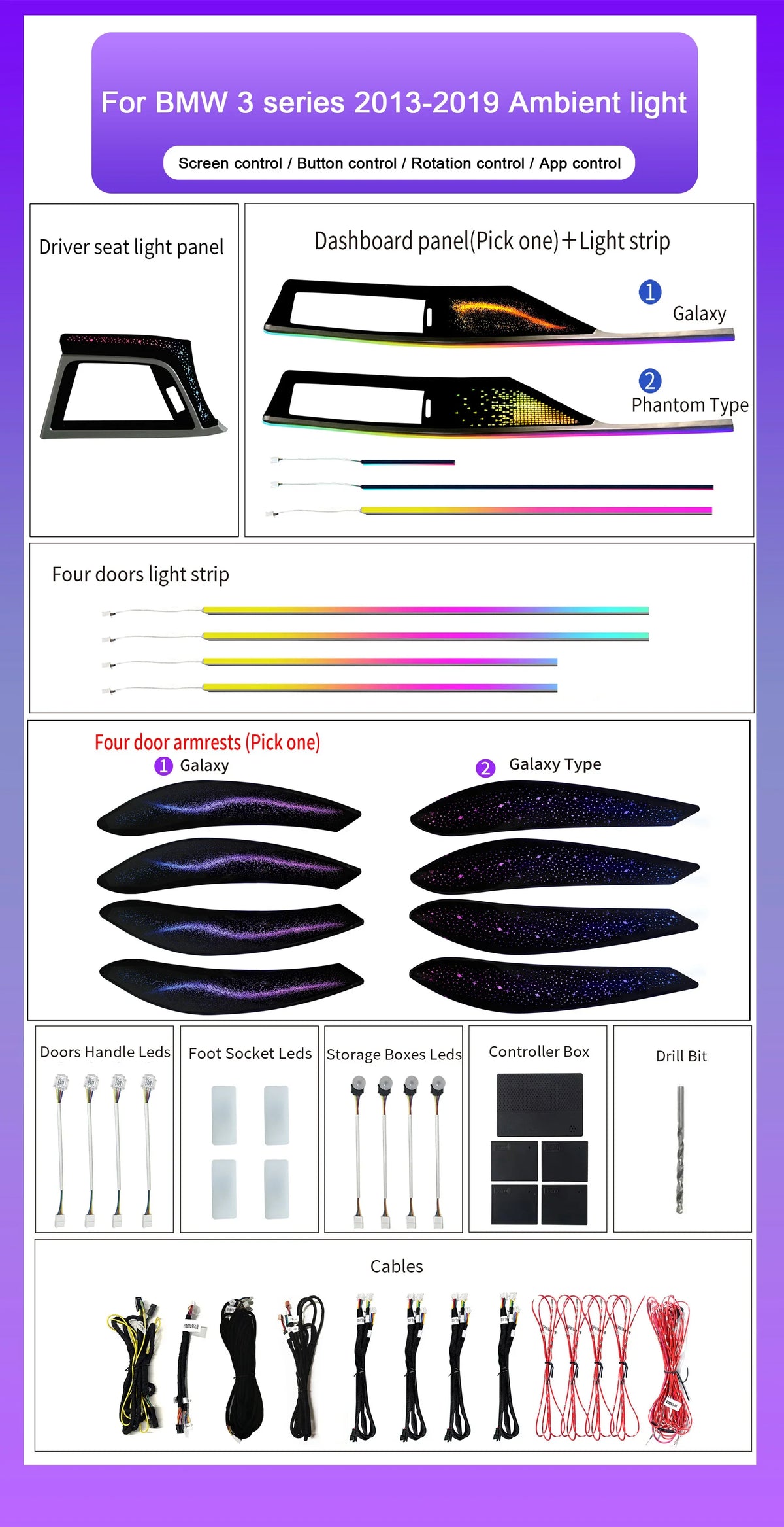 BMW 3 Series F30 / F34 / F35 LHD & RHD Interior 64-Color Symphony Starry Sky LED Ambient Light Kit 2013 - 2019