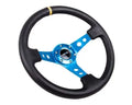 NRG Reinforced Steering Whl - 350MM Sport Steering Whl 3" Deep - Blue Spoke Round Holes Black Leather Yellow Center Stri