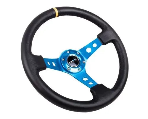 NRG Reinforced Steering Whl - 350MM Sport Steering Whl 3" Deep - Blue Spoke Round Holes Black Leather Yellow Center Stri