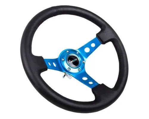 NRG Reinforced Steering Whl - 350MM Sport Steering Whl 3" Deep - Blue Spoke Round Holes Black Leather