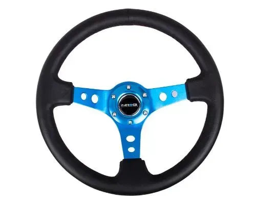 NRG Reinforced Steering Whl - 350MM Sport Steering Whl 3" Deep - Blue Spoke Round Holes Black Leather