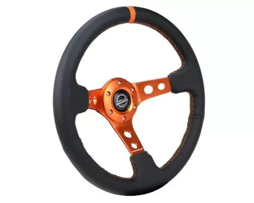 NRG Reinforced Steering Whl - 350MM Sport Steering Whl 3" Deep - Black Leather Orange Center Mark Orange Stitching And O
