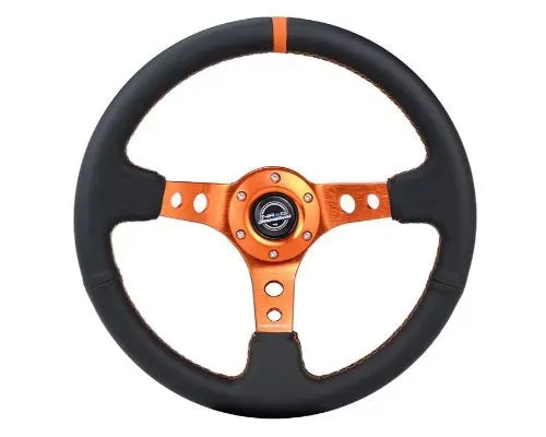 NRG Reinforced Steering Whl - 350MM Sport Steering Whl 3" Deep - Black Leather Orange Center Mark Orange Stitching And O