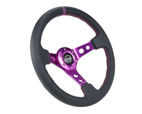 NRG Reinforced Steering Whl - 350MM Sport Steering Whl 3" Deep - Black Leather Purple Center Mark Purple Stitching