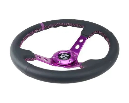 NRG Reinforced Steering Whl - 350MM Sport Steering Whl 3" Deep - Black Leather Purple Center Mark Purple Stitching