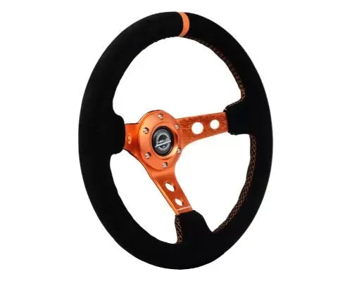 NRG Reinforced Steering Whl - 350MM Sport Steering Whl 3" Deep - Black Suede Orange Center Mark Orange Stitching And Ora