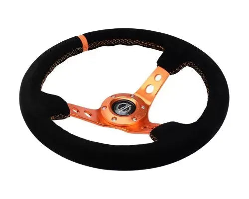 NRG Reinforced Steering Whl - 350MM Sport Steering Whl 3" Deep - Black Suede Orange Center Mark Orange Stitching And Ora