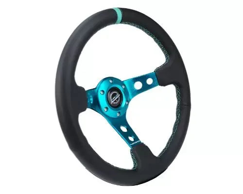 NRG Reinforced Steering Whl - 350MM Sport Steering Whl 3" Deep - Black Leather Teal Center Mark Teal Stitching And Teal 