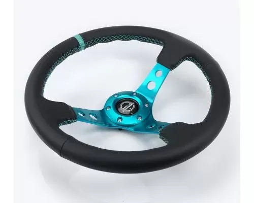 NRG Reinforced Steering Whl - 350MM Sport Steering Whl 3" Deep - Black Leather Teal Center Mark Teal Stitching And Teal 