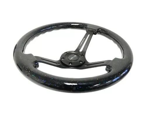 NRG Reinforced Classic Wood Grain Whl 350MM 3 Spoke Slotted Center Black Matte Color Black Multi Color Flake Wood