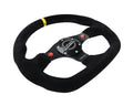 NRG Reinforced Steering Whl - 320MM Sport Suede Dual Push Buttons Flat Bottom Yellow Center Mark