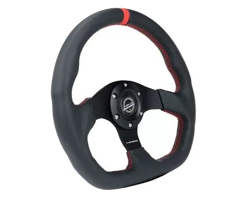 NRG Reinforced Steering Whl - 320MM Sport Leather Flat Bottom Red Center Mark Red Stitching