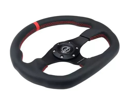 NRG Reinforced Steering Whl - 320MM Sport Leather Flat Bottom Red Center Mark Red Stitching
