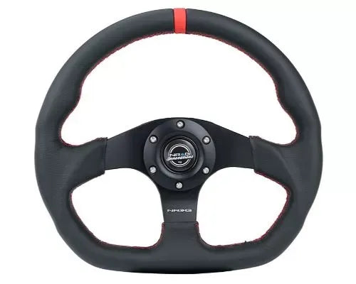 NRG Reinforced Steering Whl - 320MM Sport Leather Flat Bottom Red Center Mark Red Stitching