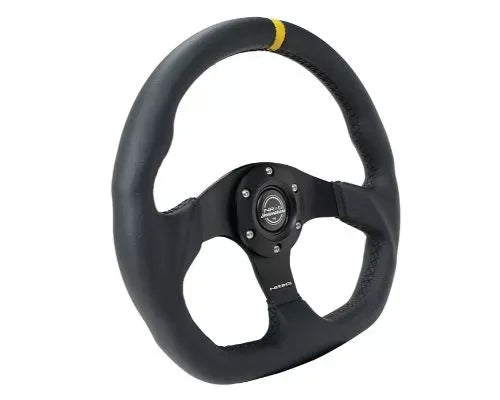 NRG Reinforced Steering Whl - 320MM Sport Leather Flat Bottom Yellow Center Mark