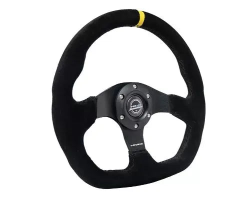 NRG Reinforced Steering Whl - 320MM Sport Suede Flat Bottom Yellow Center Mark