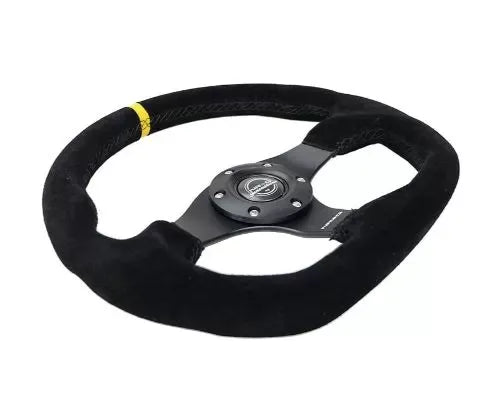 NRG Reinforced Steering Whl - 320MM Sport Suede Flat Bottom Yellow Center Mark