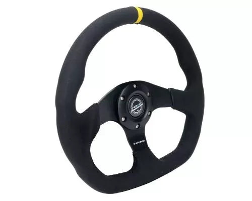 NRG Reinforced Steering Whl - 320MM Sport Alcantara Flat Bottom Yellow Center Mark