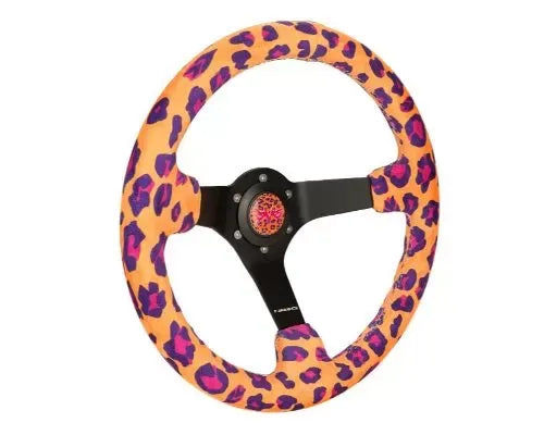 NRG Reinforced Steering Whl - 350MM Sport Steering Whl 3' Deep Savage Orange Leopard Printed Micro Fiber Vegan Material 