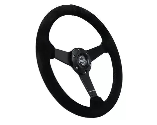 NRG 350MM Sport Steering Whl 1.5' Deep Black Suede Black Stitching - Matte Black Solid Spokes
