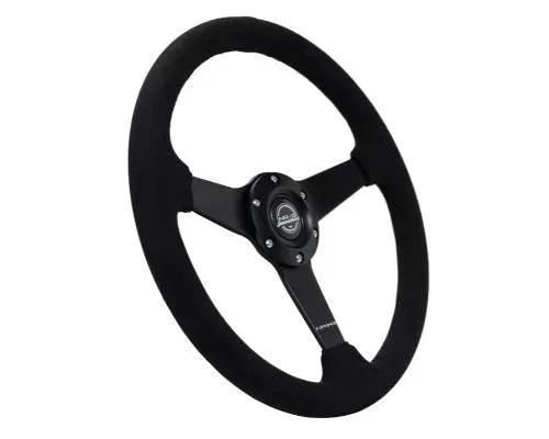 NRG 350MM Sport Steering Whl 1.5' Deep Black Alcantara Black Stitching - Matte Black Solid Spokes