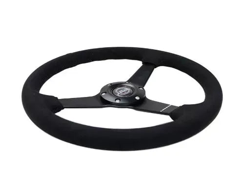 NRG 350MM Sport Steering Whl 1.5' Deep Black Alcantara Black Stitching - Matte Black Solid Spokes