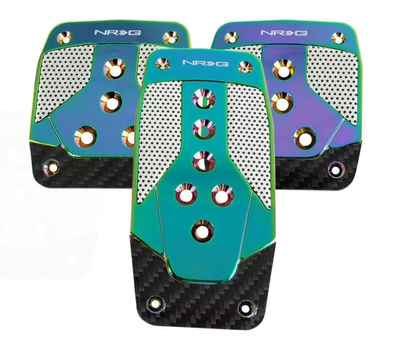 NRG Aluminum Pedal Pad Cover Plates Neo Chrome Black Carbon 3-Piece MT