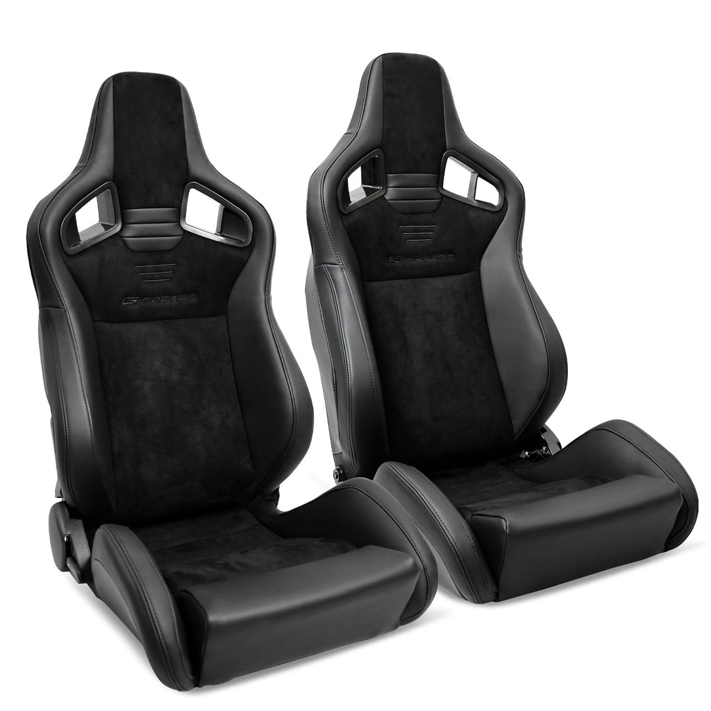 Universal 2x Reclinable Racing Seats Dual Slider Suede PU Carbon Leath