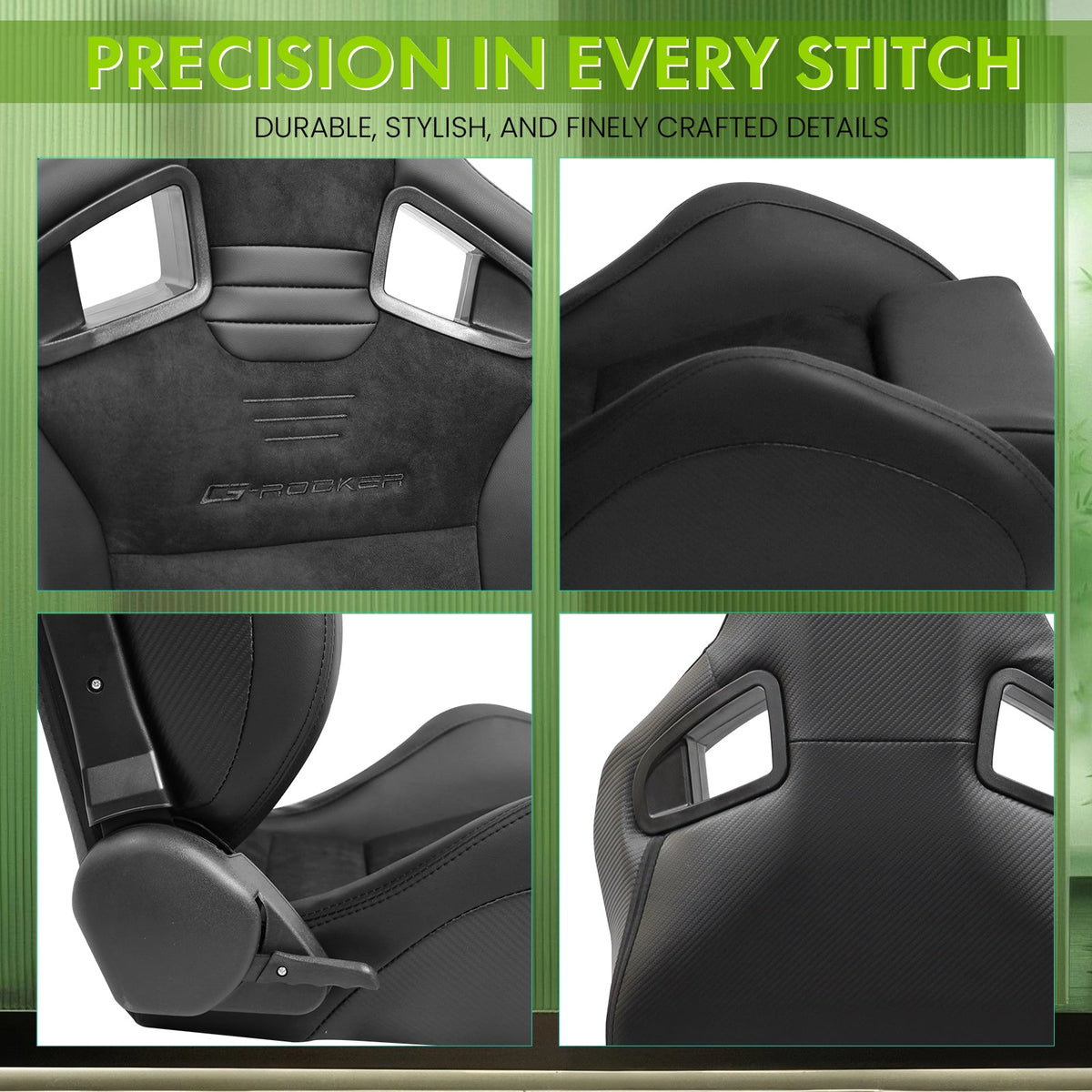 Universal 2x Reclinable Racing Seats Dual Slider Suede PU Carbon Leath