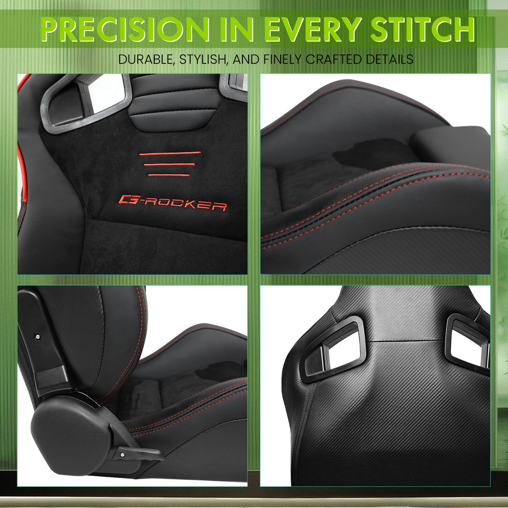 Universal 2x Reclinable Racing Seats Dual Slider Suede PU Carbon Leath