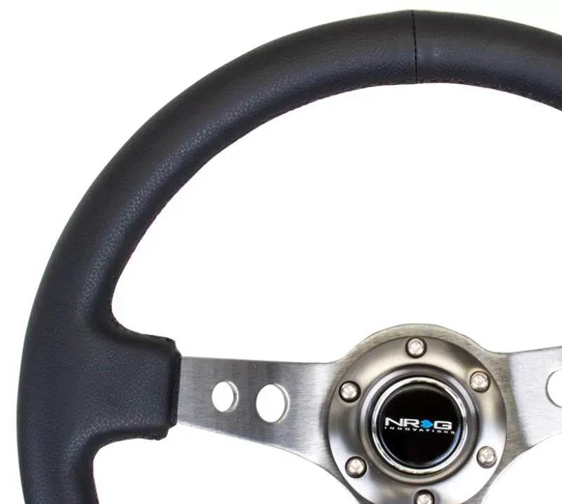 NRG Reinforced Sport Steering Wheel 350mm 3 Inch Deep Gun Metal Spoke Round holes Black Leather