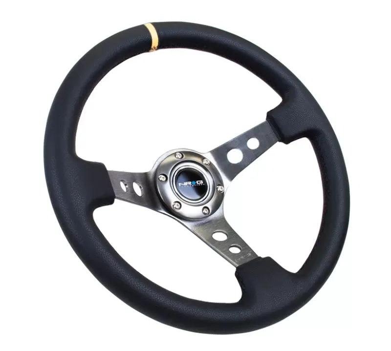 NRG Reinforced Sport Steering Wheel 350mm 3 Inch Deep Gun Metal Spoke Round holes Black Leather Yellow Center Mark