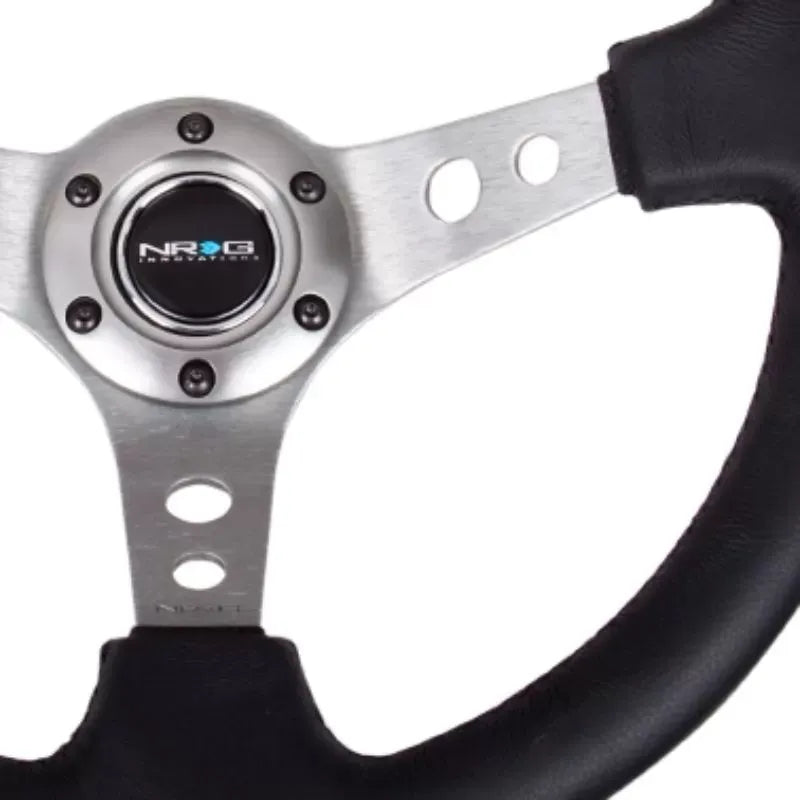 NRG Reinforced Sport Steering Wheel 350mm 3 Inch Deep Gun Metal Spoke Round holes Black Leather Yellow Center Mark