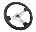 NRG Reinforced Sport Steering Wheel 350mm 3 Inch Deep Silver Spoke Round holes Black Leather