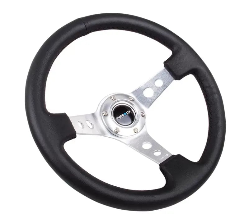 NRG Reinforced Sport Steering Wheel 350mm 3 Inch Deep Silver Spoke Round holes Black Leather
