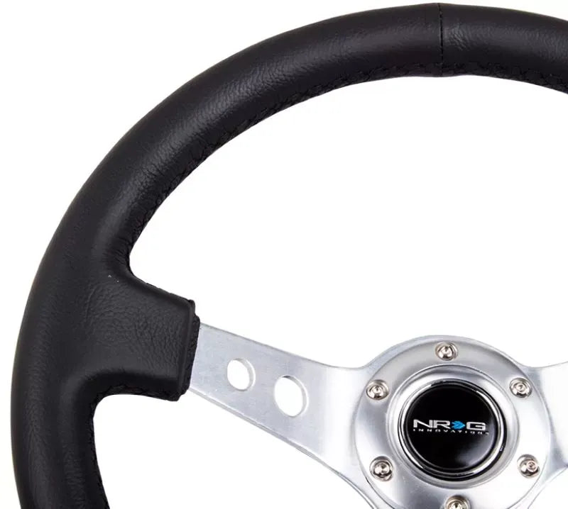 NRG Reinforced Sport Steering Wheel 350mm 3 Inch Deep Silver Spoke Round holes Black Leather