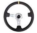 NRG Reinforced Sport Steering Wheel 350mm 3 Inch Deep Silver Spoke Round holes Black Leather Yellow Center Mark