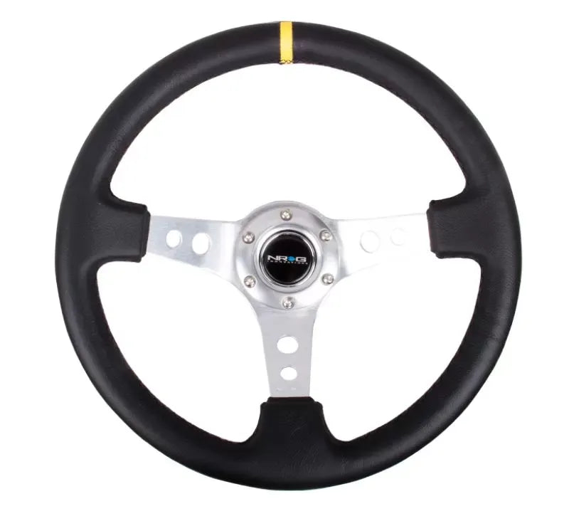 NRG Reinforced Sport Steering Wheel 350mm 3 Inch Deep Silver Spoke Round holes Black Leather Yellow Center Mark