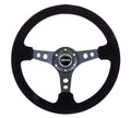 NRG Reinforced Sport Steering Wheel 350mm 3 Inch Deep Black Spoke Suede Black Stitch Black Center Mark