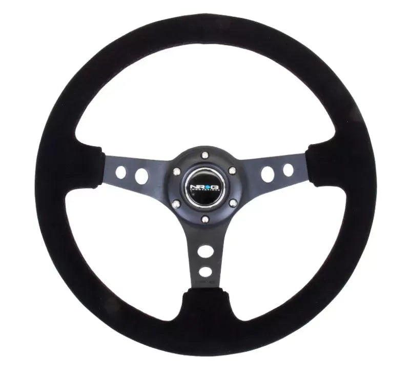 NRG Reinforced Sport Steering Wheel 350mm 3 Inch Deep Black Spoke Suede Black Stitch Black Center Mark