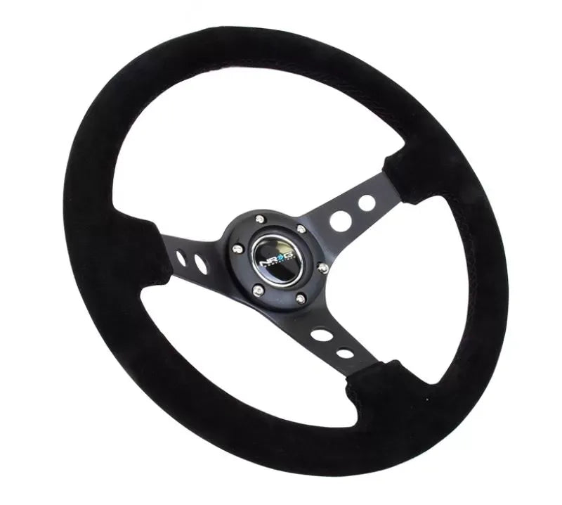 NRG Reinforced Sport Steering Wheel 350mm 3 Inch Deep Black Spoke Suede Black Stitch Black Center Mark