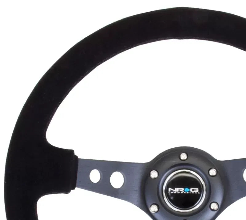 NRG Reinforced Sport Steering Wheel 350mm 3 Inch Deep Black Spoke Suede Black Stitch Black Center Mark