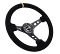 NRG Reinforced Sport Steering Wheel 350mm 3 Inch Deep Black Spoke Suede Black Stitch Yellow Center Mark