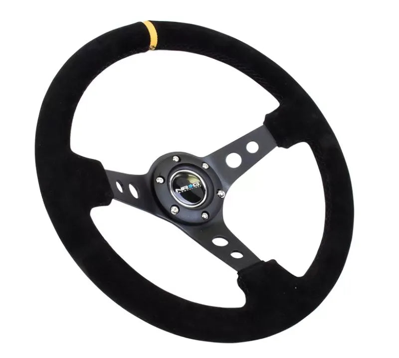 NRG Reinforced Sport Steering Wheel 350mm 3 Inch Deep Black Spoke Suede Black Stitch Yellow Center Mark