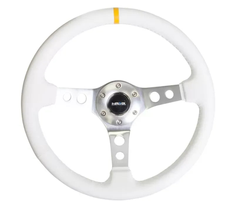 NRG Reinforced Sport Steering Wheel 350mm 3 Inch Deep Silver Spoke with White Leather finish White Stitch